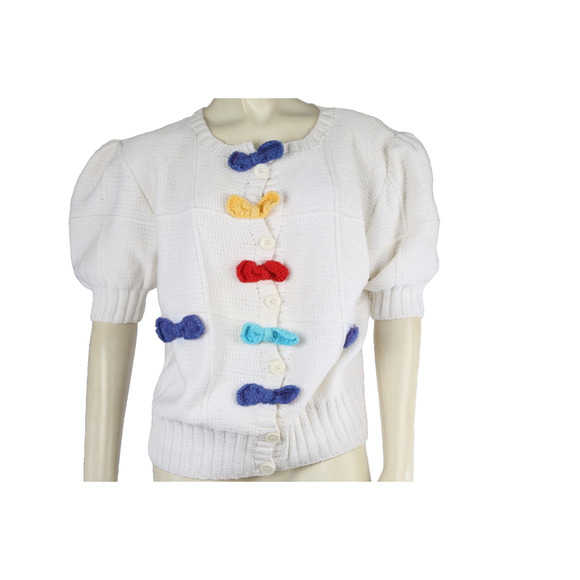 BEREK Vintage Hand Knit 100% Cotton Button Down Sweater Two-Needle Bow Design - Picture 1 of 12